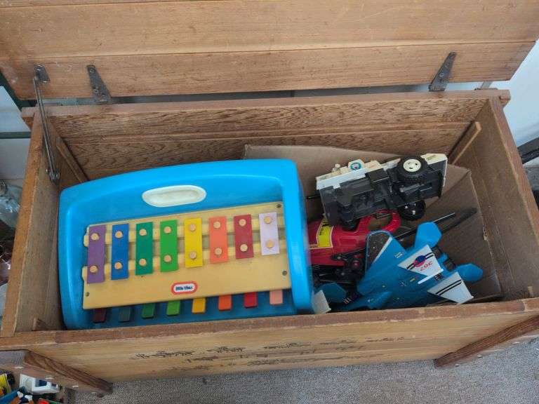 Toys: xylophone, camera, pull toy, cars, planes, army men, duplos and more! image