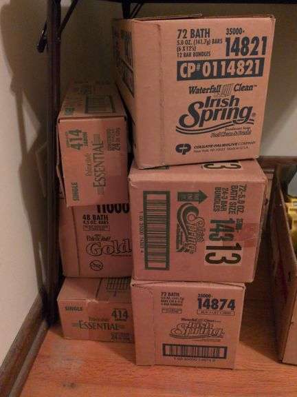 3 cases of Irish spring soap, 2 cases palm olives essentials bar soap and case of Palmolive gold bar soap image