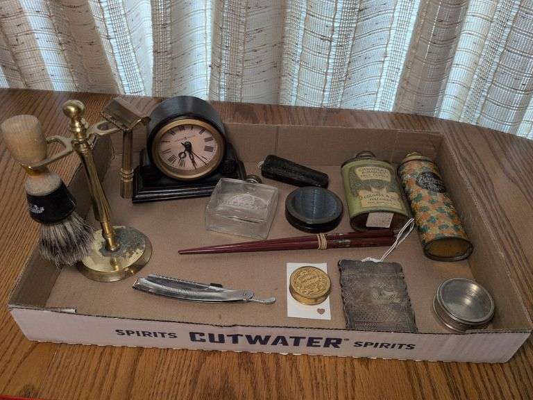 Antique tins, shaving kit, and misc image