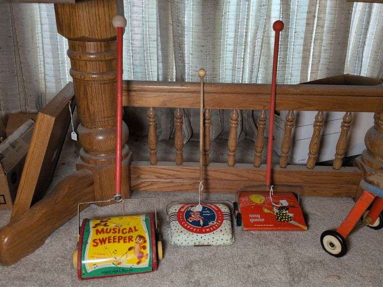25" Fisher Price musical sweeper,  24" Kiddie brush and toy co. Susie Goose, 18"Mother's Little Helper image