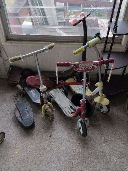 Scooters: Vintage red metal, vintage red 3 wheel, Radio flyer, Hotwheels, Huffy and misc. image