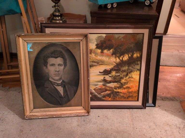 Wall Art: nature prints, Antique photograph w/wooden matte in wooden frame, framed Rat Pack poster w/ vintage lamp image
