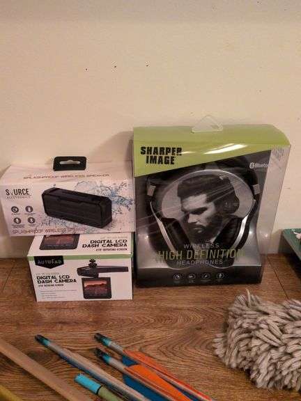 Sharper Image Wireless High def headphones(SBT524), AutoFat Digital LCD dash cam and Source Electronics splash proof wireless speaker all new in box image