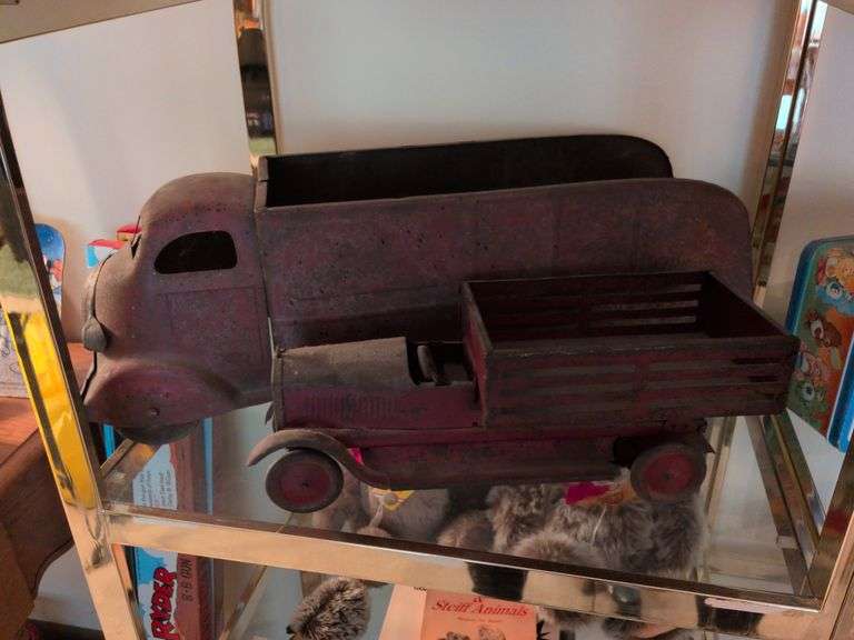 2 Vintage metal trucks: stake truck and dump truck image