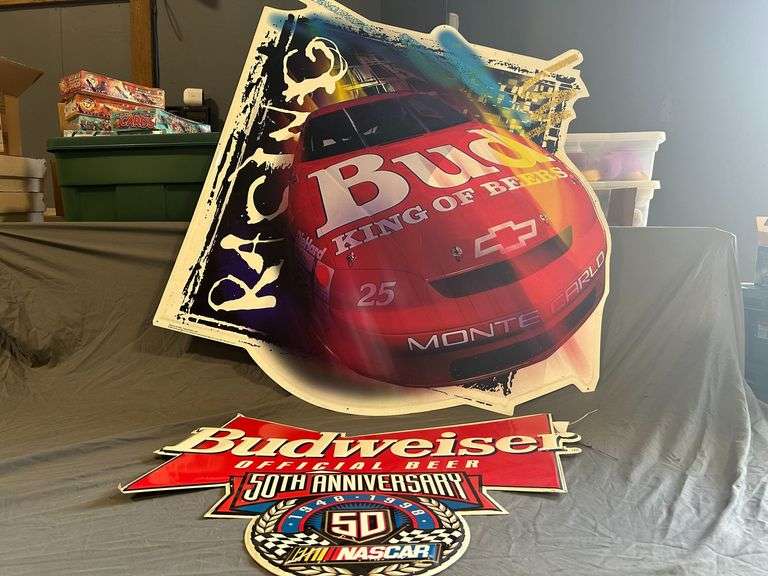 Two Budweiser Metal Nascar Signs