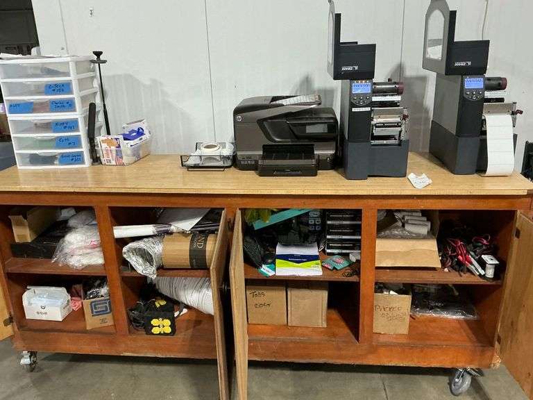 Roller Desk with 2 Zebra Printers, HP Office Jet Pro 8600 image