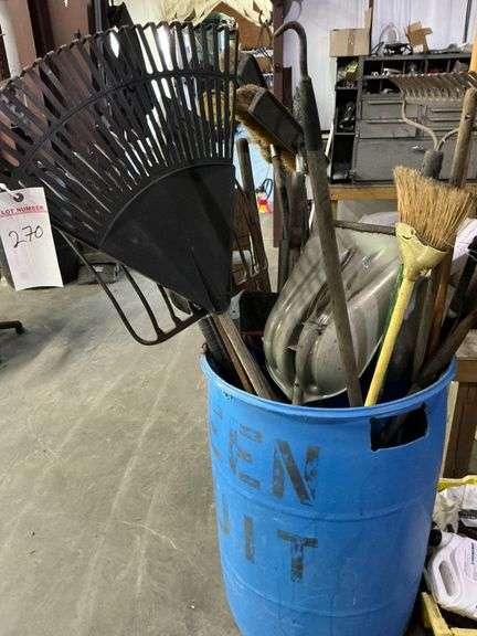 Bucket of Yard Tools, Rake, Shovels, Brushes image