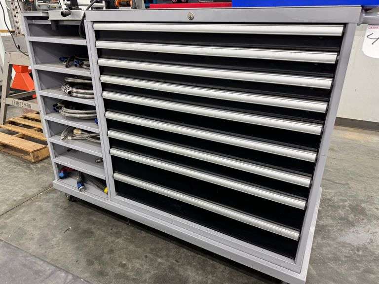 Tool Cabinet Rolling 9 Drawer with Chicago Electric 14 inch Cutoff Saw mounted image