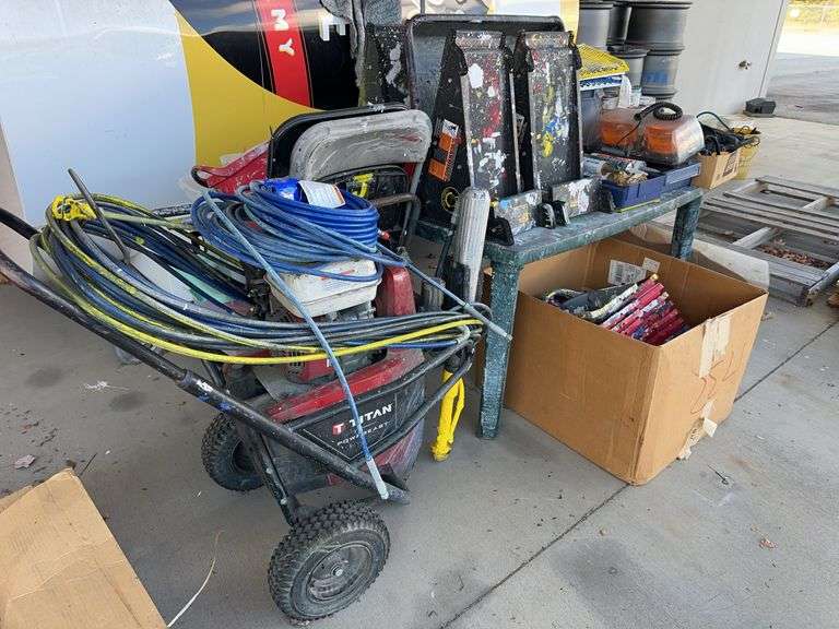 Titan Powerbeast Paint Sprayer, Painters Ladder Trays, Paint Buckets, New Caulk, Cart of Paint Supplies, Paint Supplies Table image