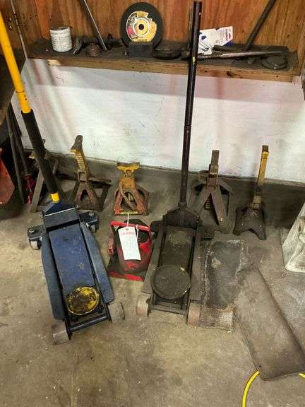 Two Floor Jacks, Bottle Jack, Four Jack Stands image