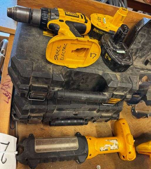 DeWalt 18V Cordless Power Tool Grouping With Three Drills, Work Light, Batteries, Charger, and Two Carrying Cases image