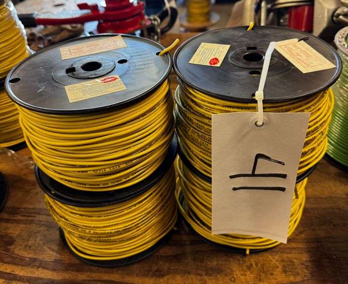 (4x) 12 AWG Solid THHN / THWN Yellow Copper Wire, 500 Ft Each Spool, Nylon Jacketed, Flame Retardant Insulation, Never Used image