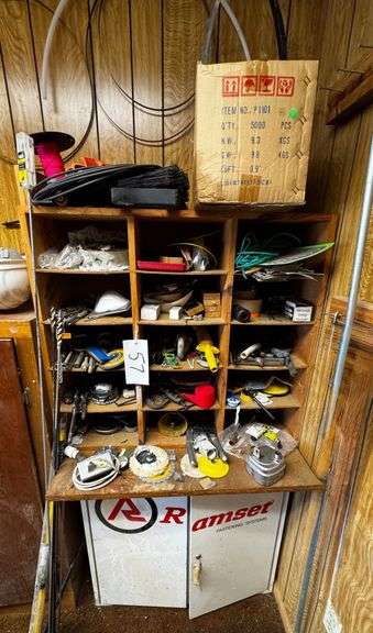 Grouping of Assorted Display Cabinet, Cubby Storage, and Large Quantity of Electrical Supplies and Small Tools image