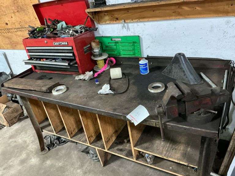 Work Table with Vice and Craftsman Toolbox, Misc Tools image