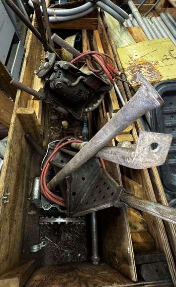 Ridgid No. 300 Power Threader with Accessories, Pipe Stands, Foot Pedal, and Miscellaneous Pipefitting Tools in Large Wooden Crate image