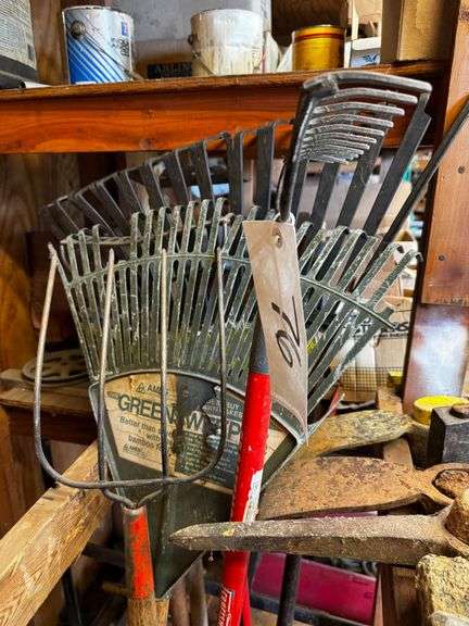 Grouping of of Three Rake Heads and One Pitchfork Head Including Ames Green Sweeper image