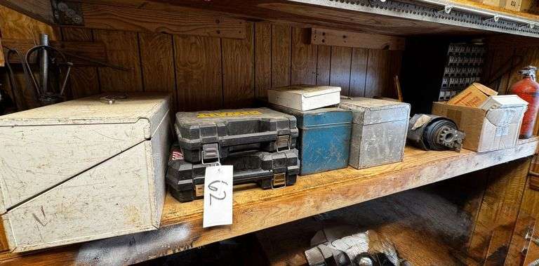Contents of Entire Shelf Including Heavy-Duty Ratchet Strap, Load Binder, Brady Wire Marker Label Cabinet, Empty Toolboxes, and Miscellaneous Hardware image