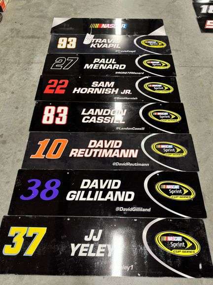 (8) Pit Road Garage Signs - Travis Kvapil, Paul Menard, Sam Hornish Jr., Landon Cassill, David Reutimann, David Gilliland, JJ Yeley., NASCAR image