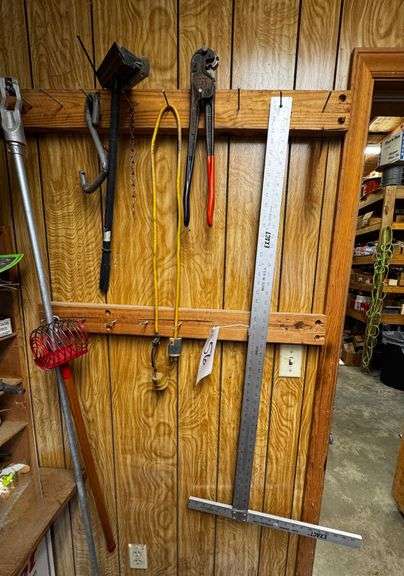 Grouping of Assorted Tools and Measuring Equipment, including T&B Sta-Kon Crimping Tool, Exact Giant Square, and Metal Pulley. image