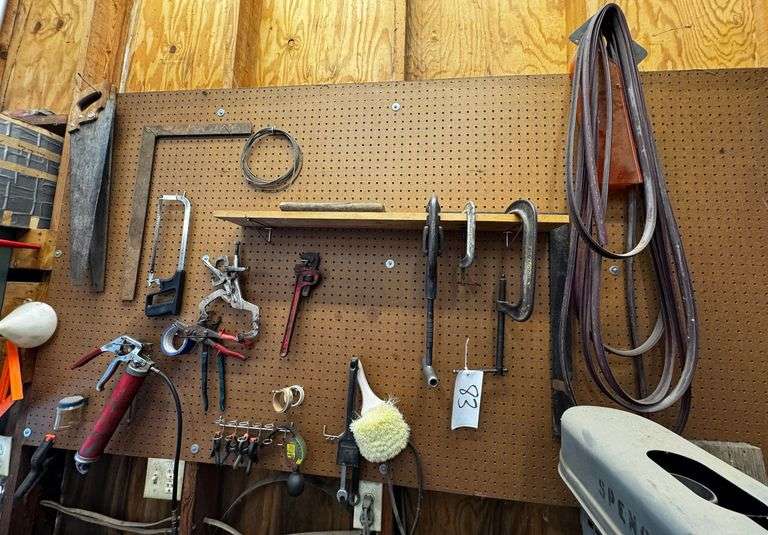 Grouping of Assorted Hand Tools Including Saws, Clamps, Hammers, Wrenches, and Screwdrivers image