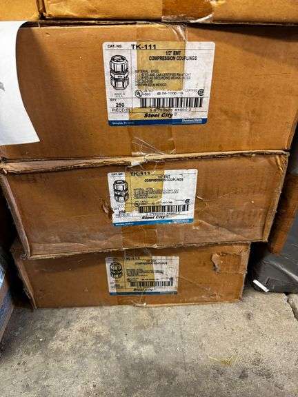 Three Boxes Thomas & Betts TK-111 1/2-Inch EMT Compression Couplings, Qty 250, Steel Boxes image