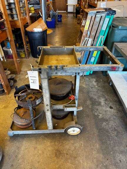 Rolling Utility Cart with Cast Iron Pots, Propane Burner, and Gas Regulator Assembly image