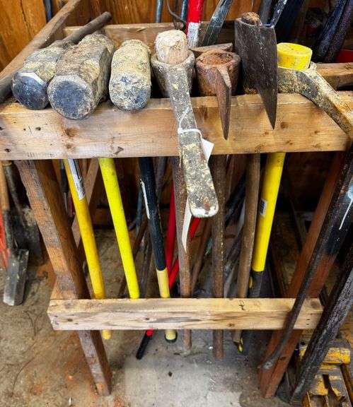 Grouping of  Seven Long-Handled Tools including Sledgehammers, Splitting Maul & Axes image