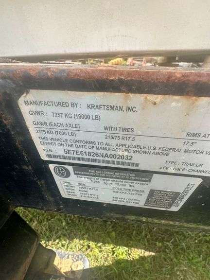 2022 Kraftsman Trailer VIN# 5E7E61826NA002032