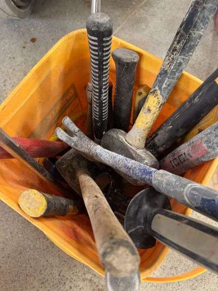 Bucket of Assorted Hammers, Mallets and Chisels