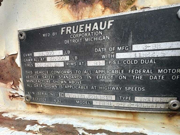 1988 Fruehauf 48' Dry Van Trailer VIN: IH2VO4321JCO13219
