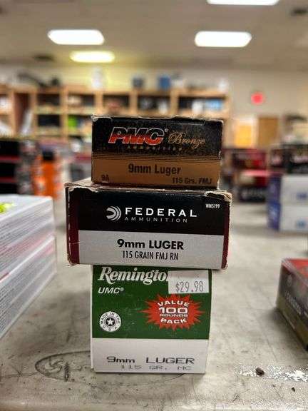 Three boxes of 115 grain, full metal jacket 9mm