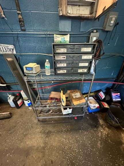 Wire Shop Rack w/ Contents & Wall Peg Storage Contents
