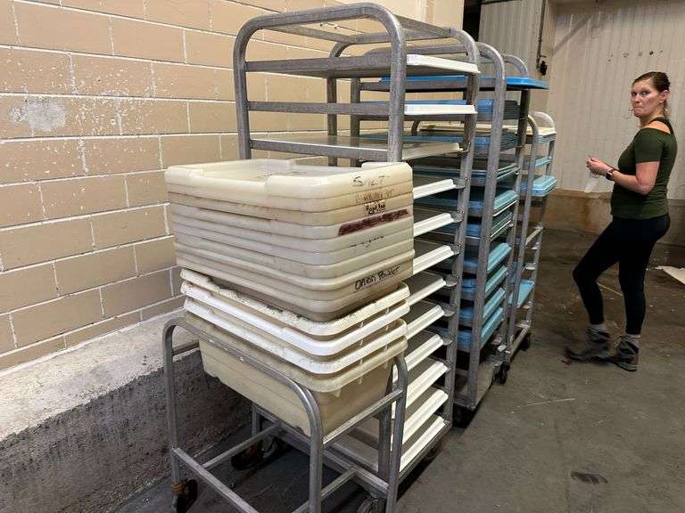 Group of Pan Racks, Pans, Tubs, and Cart