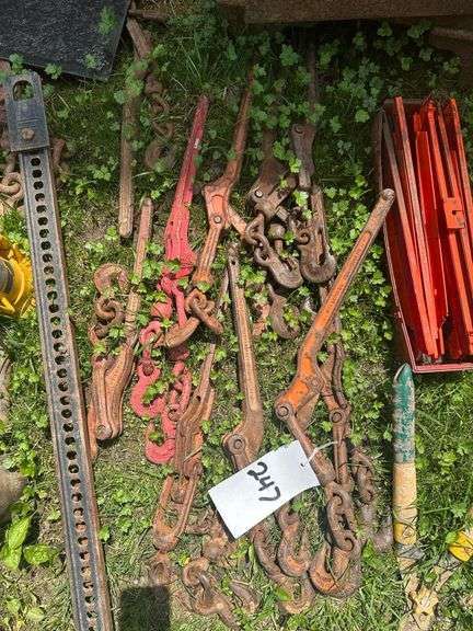 Lot of Assorted Steel Shackles, Fittings, Binders, & other Freight Rigging Tools