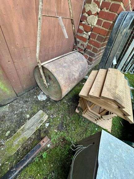 Lot of Antique Cast Iron Lawn Roller & Wood Slat Bird Feeder