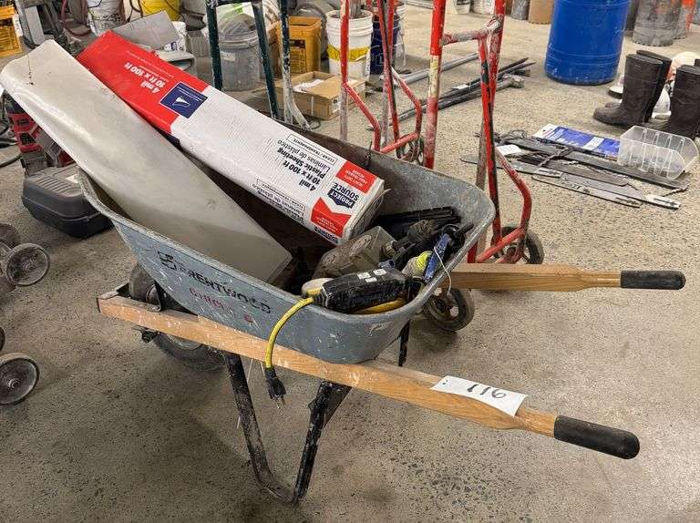 Brentwood Wheelbarrow With Tools, Cords, Filters, & Plastic Sheeting
