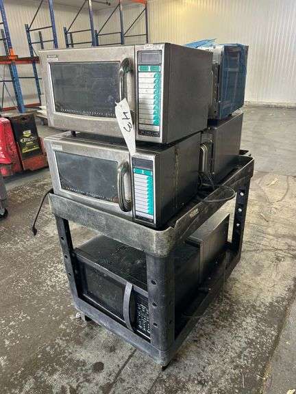 Six Commercial Microwaves on rolling cart