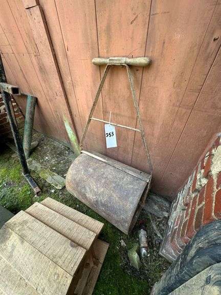 Lot of Antique Cast Iron Lawn Roller & Wood Slat Bird Feeder
