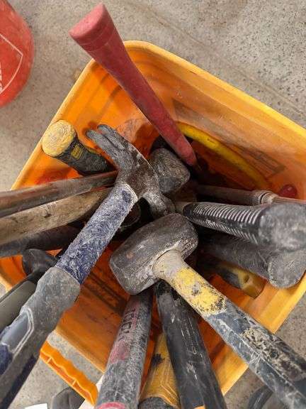 Bucket of Assorted Hammers, Mallets and Chisels