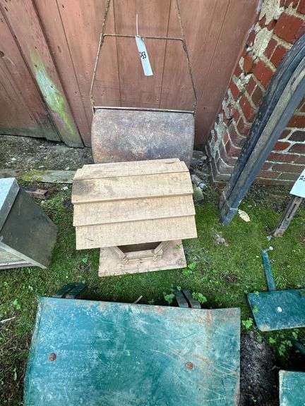 Lot of Antique Cast Iron Lawn Roller & Wood Slat Bird Feeder