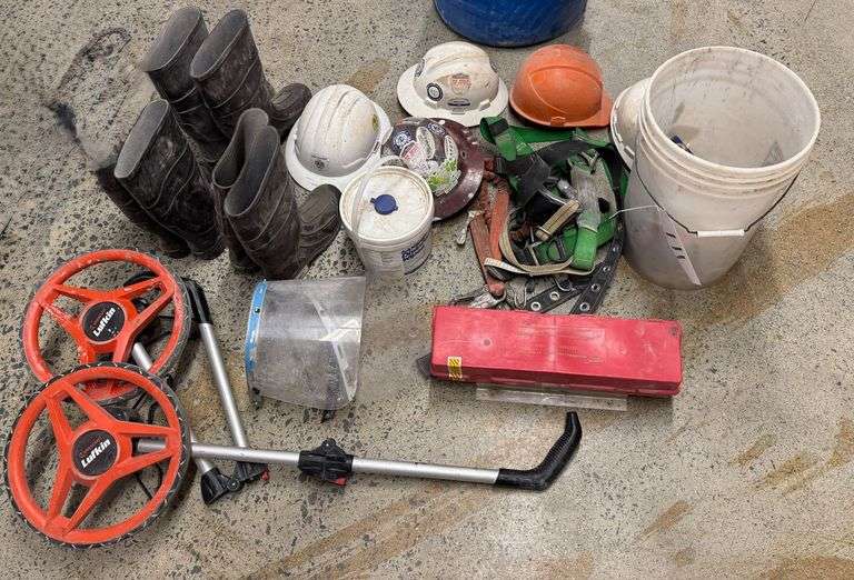 Grouping of Safety Helmets, Rubber Boots, Lufkin Measuring Tools and More!