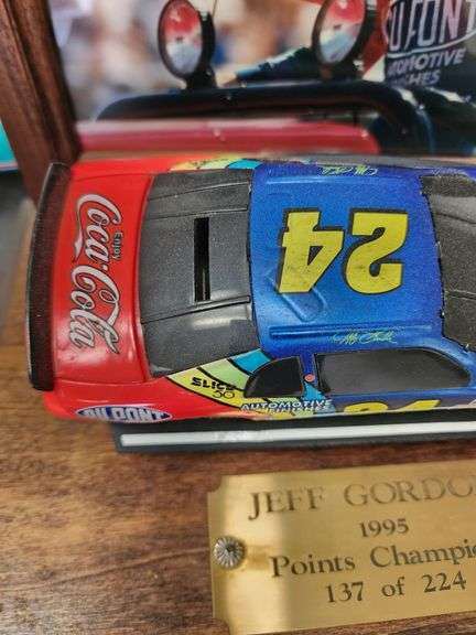 1995 Jeff Gordan Points Champion Signed Photo and 1:24 Scale Die Cast Bank Display