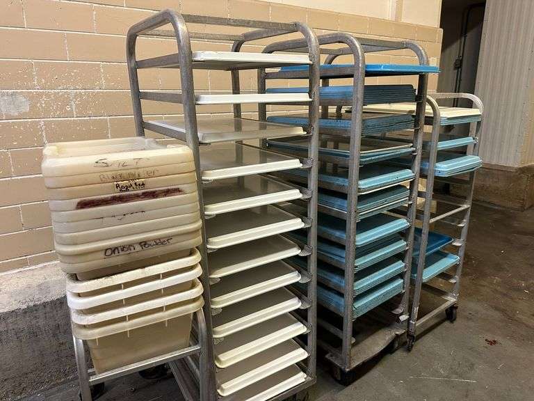 Group of Pan Racks, Pans, Tubs, and Cart