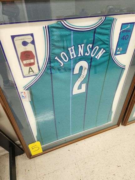 Larry Johnson Autographed Framed and Matted Charlotte Hornets Jersey