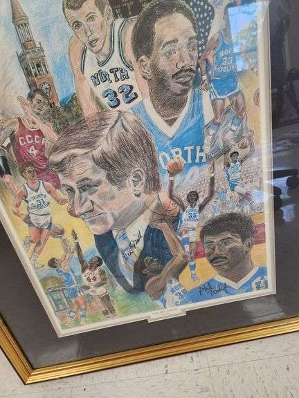 "Tar Heel Heroes" By Fritz Kling Framed and Matted Print Signed By Dean Smith and Phil Ford