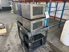 Six Commercial Microwaves on rolling cart