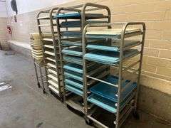 Group of Pan Racks, Pans, Tubs, and Cart