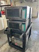 Six Commercial Microwaves on rolling cart