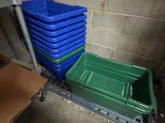 Contents of New Stock Room includes New Steel Toe Rubber Boots, New Gloves, New Food Trays, New Floor Mats, New Protective Face Sheilds, New Carts, and all Shelving