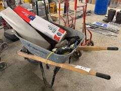 Brentwood Wheelbarrow With Tools, Cords, Filters, & Plastic Sheeting